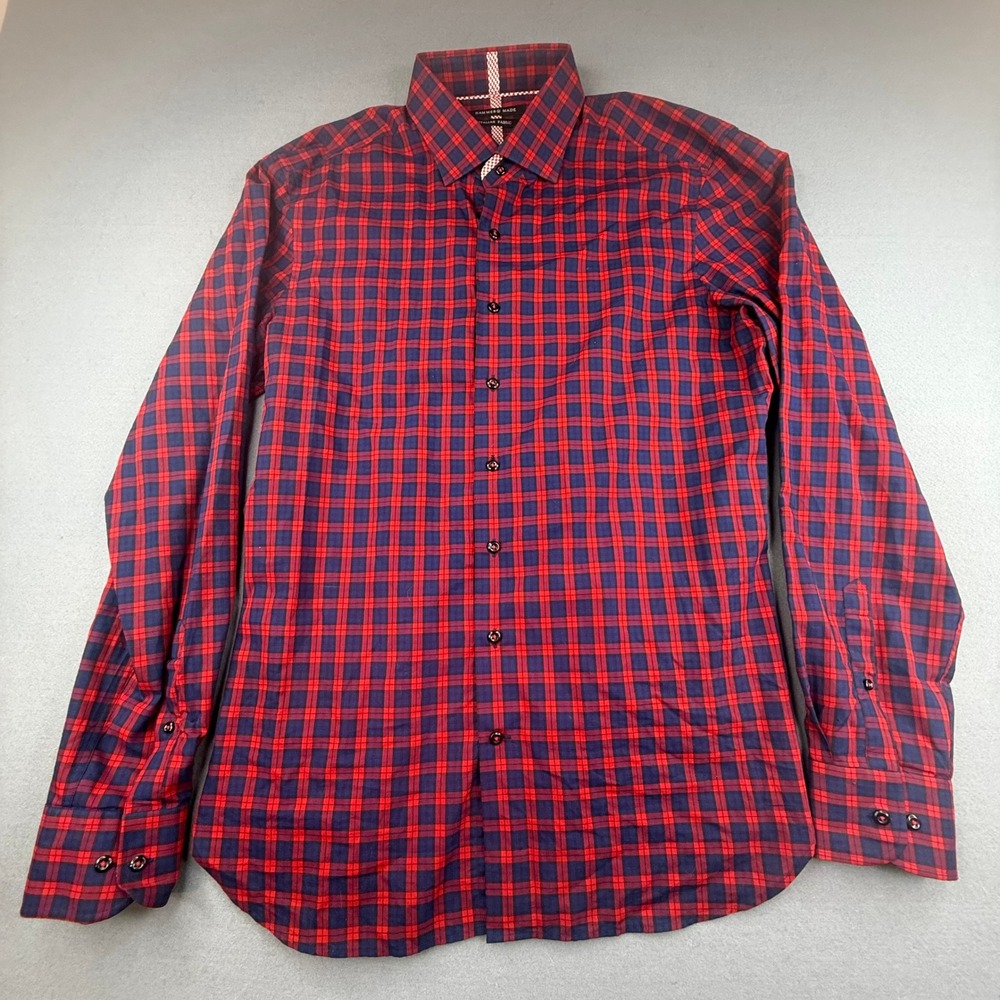 Hammer Made Shirt Mens 43/17 Red Navy Plaid Slim Fit Italian Fabric Button Down